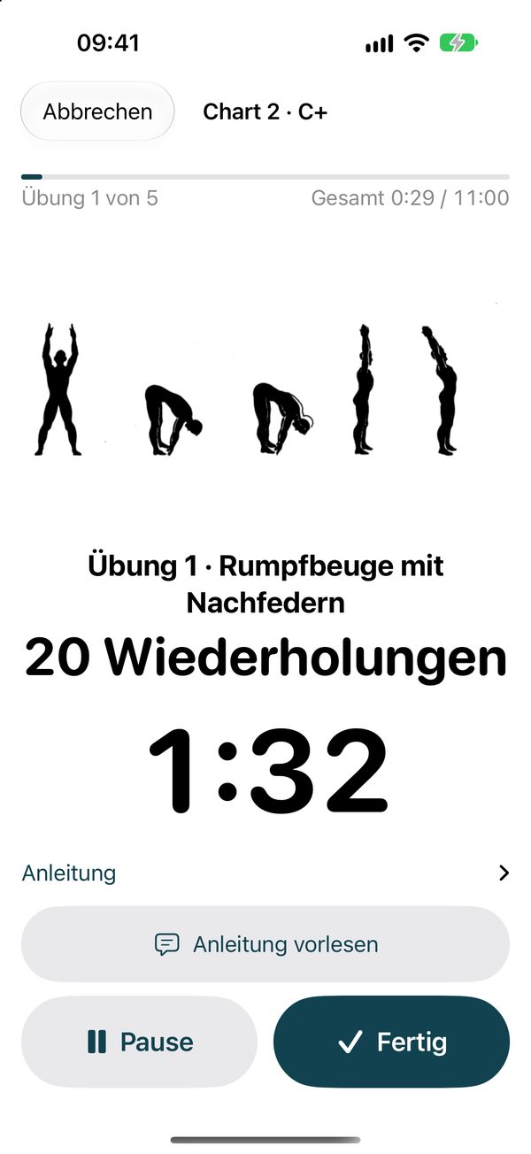 Laufende Übung in der App: Rumpfbeuge mit 20 Wiederholungen und Restzeit 1:32